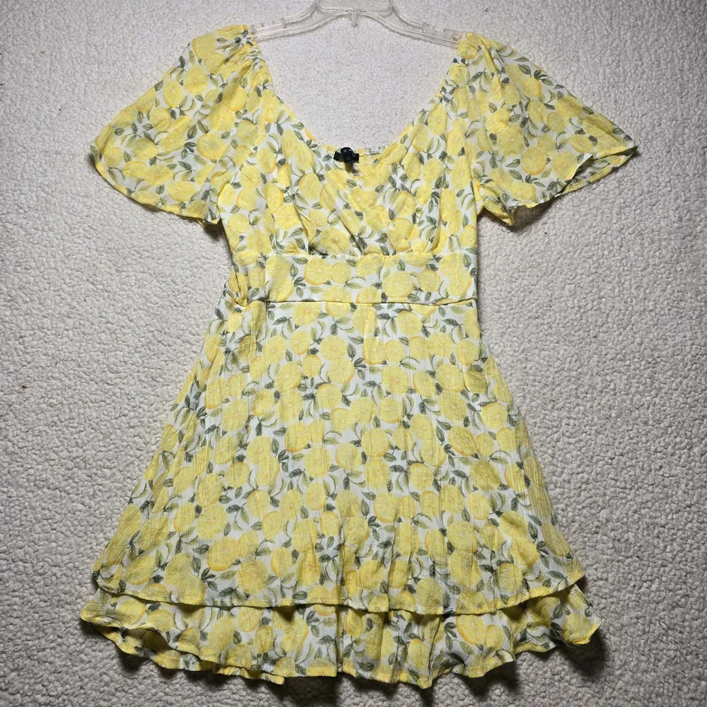 As U Wish Lemon Print Mini Dress Yellow Surplice Smocked Back Ruffle Hem Large